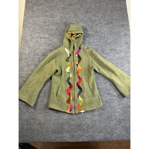 Handmade Women's Green Hooded Geometric Zip Jacket‎ with Colorblock Accents